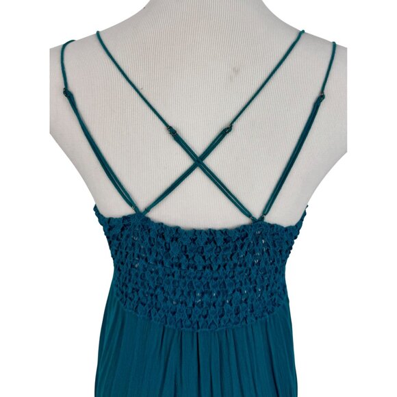Free People Teal Lace Crochet Trim Ruffled Hem Flowy Casual Boho Slip Dress - Picture 13 of 16